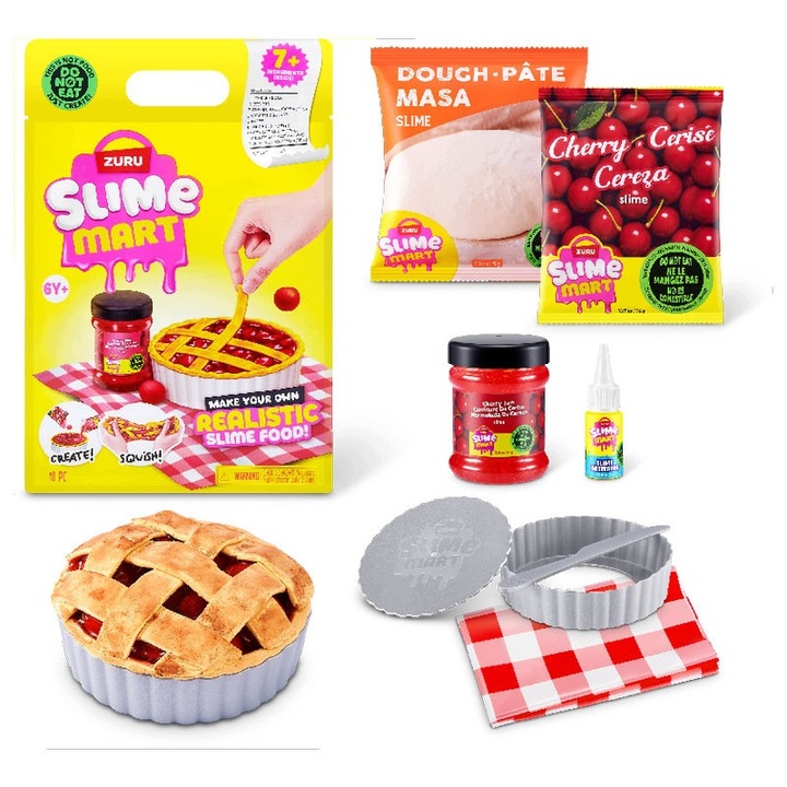 Творчески комплект за слайм, Zuru, Slime Mart Малка пазарска чанта, DIY слайм маса с рецепта за тарта с вишни, аксесоари, без батерии, еластична текстура и сензорна игра, 6+, 24,5 x 17 x 10 см, многоцветен