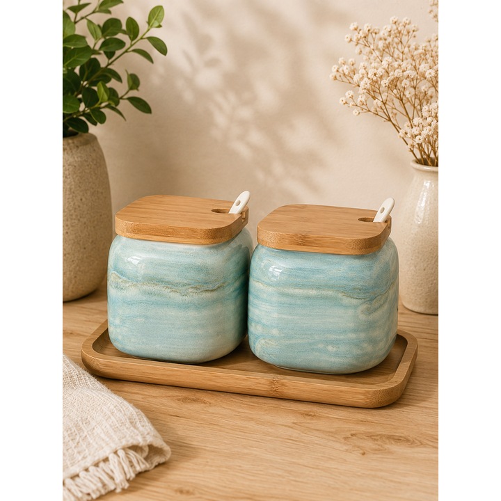 Set recipiente condimente ceramica cu capace din bambus, 2 lingurite si tava, verde menta