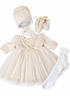 Rochita botez fetita Iustina, bej, maneca lunga, 4 piese, 3-6 luni /68 cm