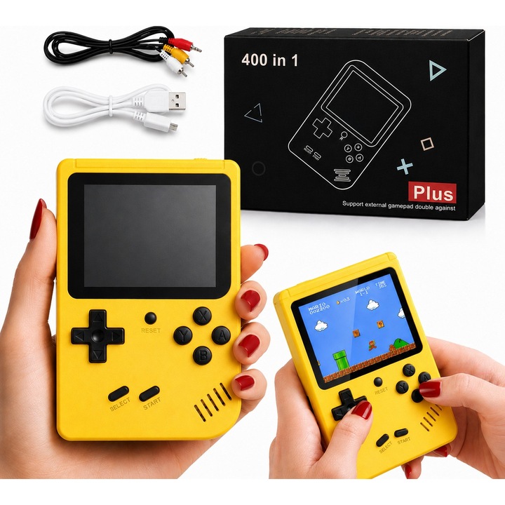 Consola portabila retro Game Box 400 in 1, ecran LCD color 3,0", 400 jocuri, baterie 1020 mAh, iesire AV, galben