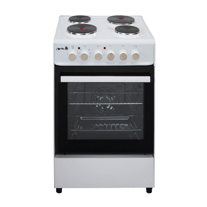 Aragaz electric ARIELLI C-5055-8F, Aprindere electrica, Plita electrica 4 zone, Cuptor cu ventilator, 8 functii, 47 l, Clasa A, Alb