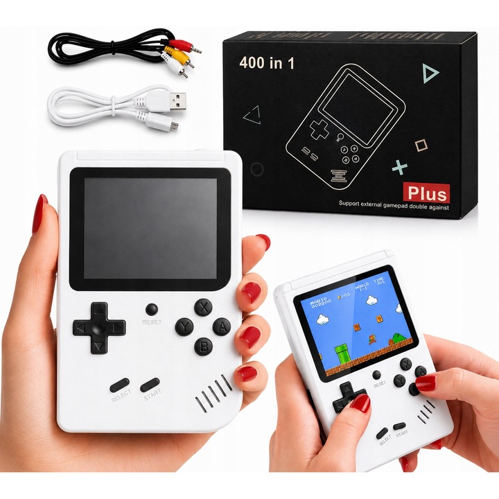 Consola portabila retro 400 in 1, ecran LCD 3,0", 1020 mAh, iesire AV si incarcare USB, alb