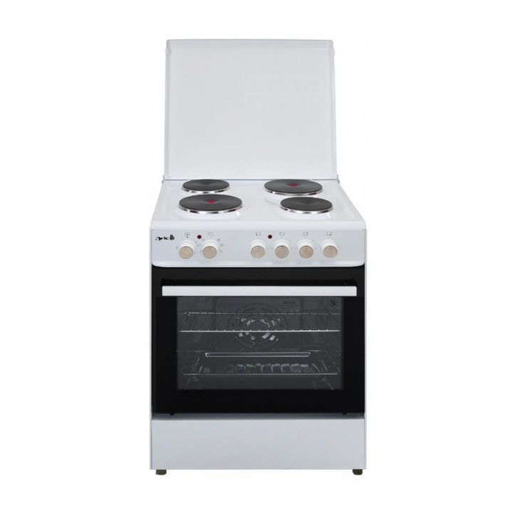 Aragaz electric ARIELLI C-6080-8F, Aprindere electrica, Plita electrica 4 zone, Cuptor cu ventilator, 8 functii, 80 l, Clasa A, Alb