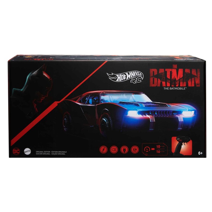 Радиоуправляема кола Hot Wheels The Batmobile 1:10 KPHCZNF1NJO, задно задвижване и окачване, предно осветление и ефект на изгорели газове, контролер тип пистолет, USB зареждане, автономност ~25 мин, черна