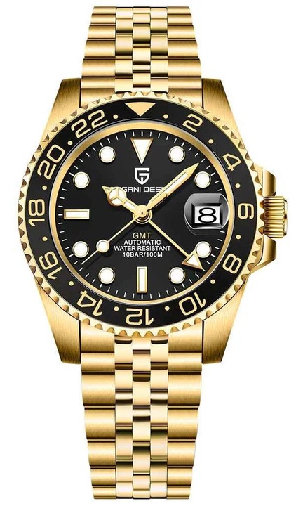 Автоматичен часовник PAGANI DESIGN PD-1662 Gold Black GMT, Pearl DG5833, сапфир, 100M, 40мм
