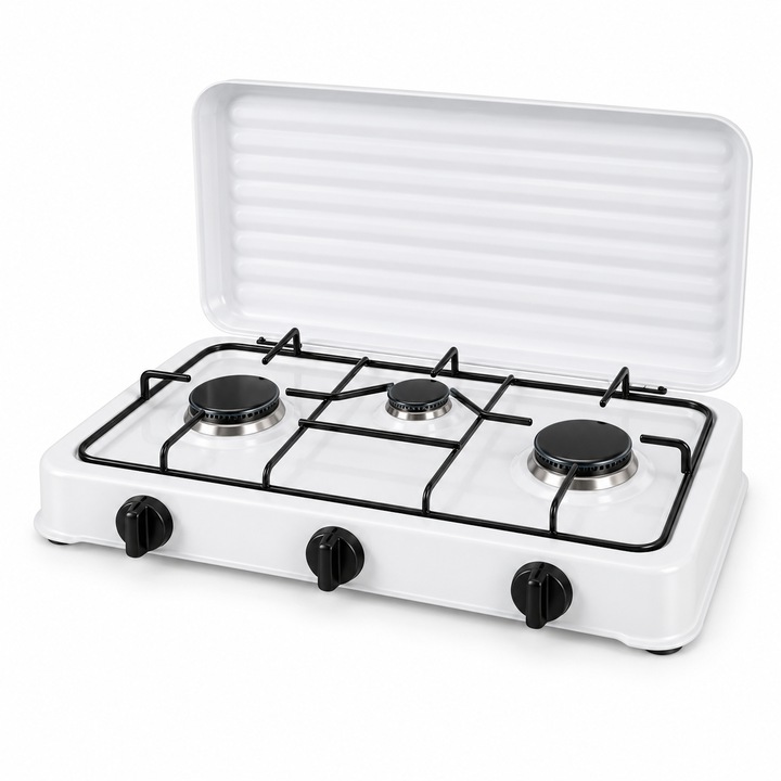 Aragaz portabil pe gaz cu 3 arzatoare, capac de protectie, control individual al flacarii, 55 × 32 × 7 cm, alb