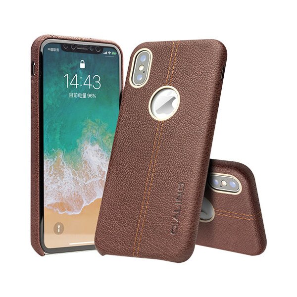 Husa iPhone X / XS, Qialino, slim din piele de bovina, tip back cover, culoare Maro