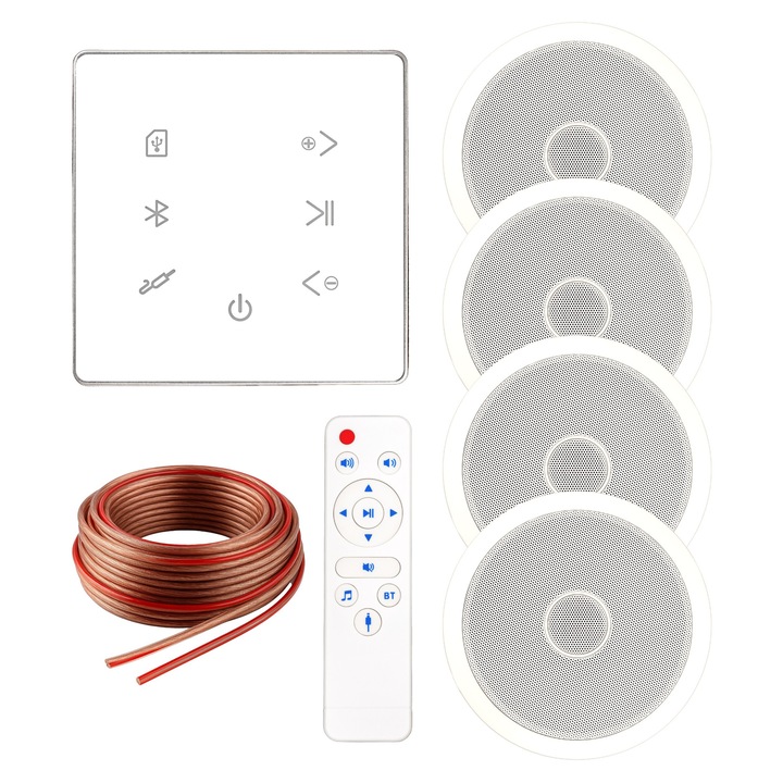 Sistem de sonorizare incastrat MusicMate MM-SN300-W (ZN-02), 4x40W (160W), amplificator incorporat cu panou tactil, Bluetooth/USB/microSD, telecomanda, cablu difuzoare 20 m, alb