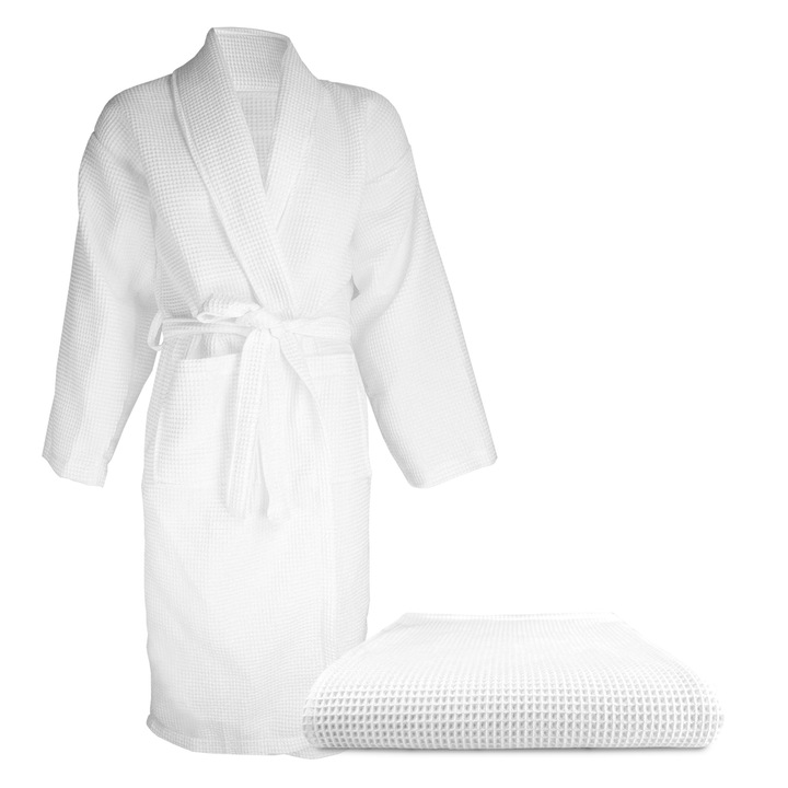Set SPA/Hotel, halat L-XL si prosop Waffle, Alb, 100% bumbac Terry Selection