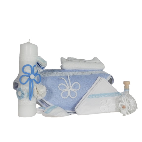 Set Trusou Botez complet cu Lumanare pentru biserica, Odorul Mamei, Bleu, Ursitoarea cu Noroc, unicat, handmade, set 8 piese