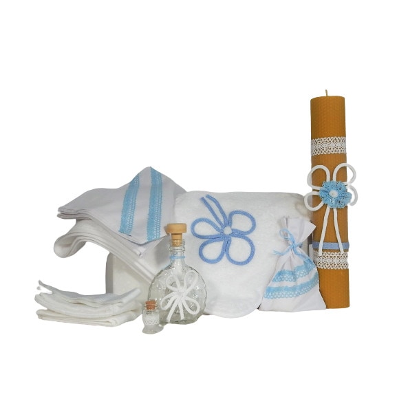 Set Trusou Botez complet cu Lumanare din ceara naturala- pentru biserica, Odorul Mamei, Trifoi bleu si cu noroc, unicat- set 8 piese