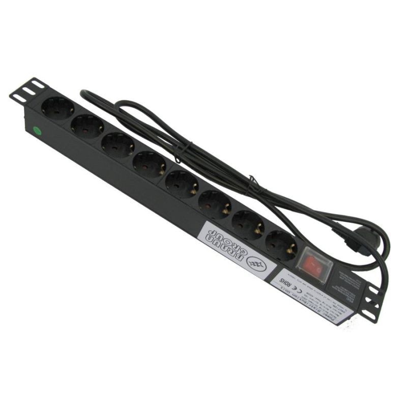 PDU industrial BG05-G8-K1 pentru rack de 19” / 1U, 8 prize schuko 250V/16A, carcasa din aliaj de aluminiu