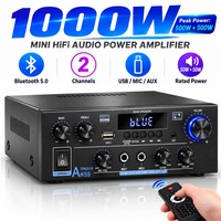 Amplificator audio stereo AK55, 500W pe doua canale, receptor stereo pentru acasa cu Bluetooth 5.0, suporta FM, eco (Echo), AUX, USB, card SD, microfon, intrari optice si coaxiale, potrivit pentru boxe pasive si subwoofere active