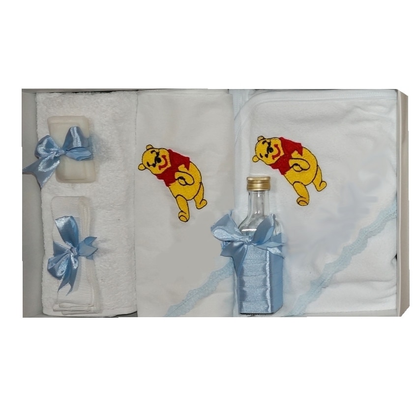 Trusou pentru botez, 7 piese, brodat cu figurina, Pooh, Little Angel, bleu