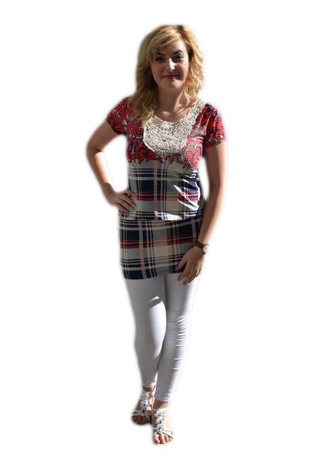 Bluza trendy cu dantela, elastic in talie, D&J Exclusive, Rosu