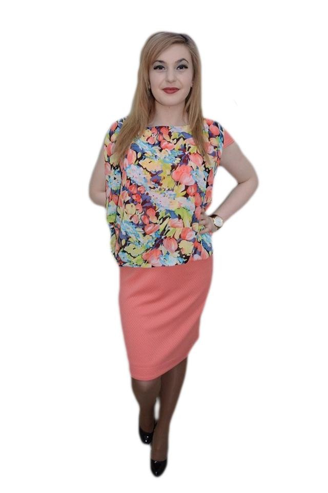 Rochie in nuanta calda cu imprimeu , D&J Exclusive, Corai