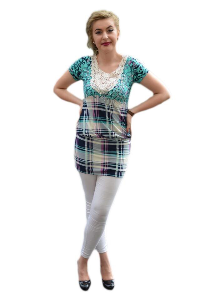 Bluza trendy cu dantela, elastic in talie, D&J Exclusive, Turcoaz