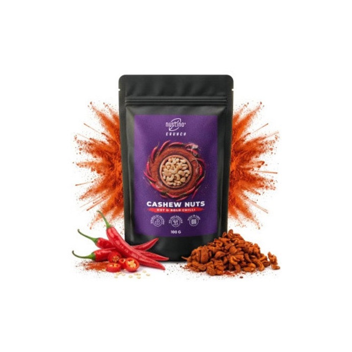 Печено Кашу, Nustino Crunch, Hot & Bold Chilli, Хрупкави Печени Ядки Без Добавена Мазнина, С Естествена Инулин И Люто Чили, Богат Източник На Протеини И Фибри, Интензивен Пикантен Аромат, Премиум Качество, 100 g