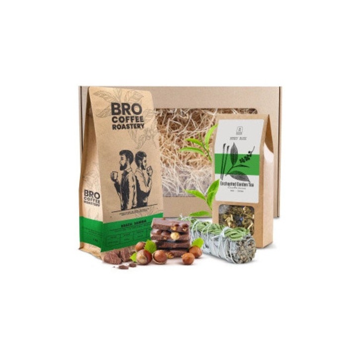 Комплект Подарък, Bro Coffee Roastery, Brazil Samba, Кафе На Зърна, Mary Rose Enchanted Garden, Бял Градински Чай, Кутия Подарък, 250 x 200 x 100 mm, Отлично Качество, 100% Арабика, Балансиран Вкус, 480 g