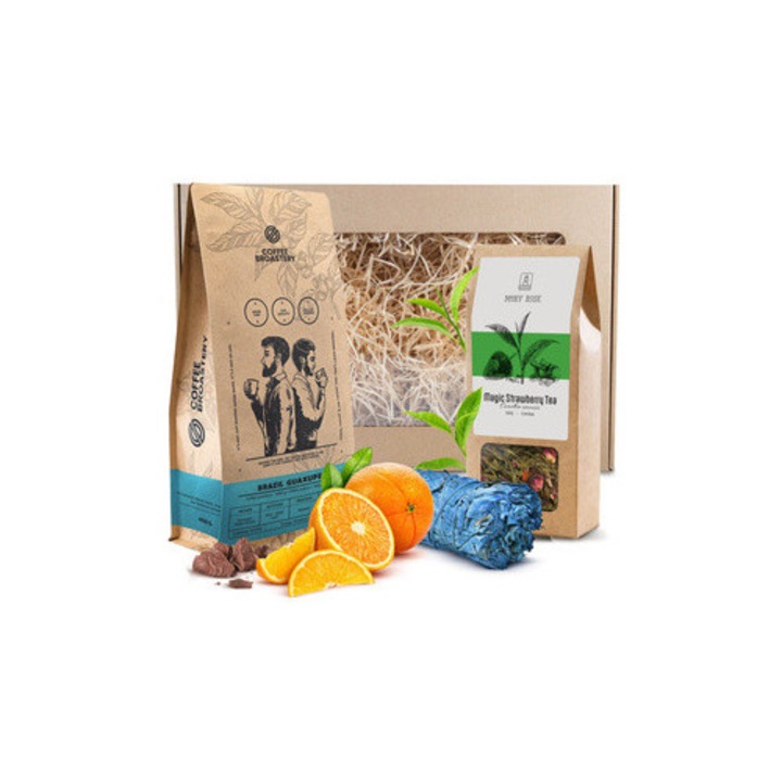 Комплект Кафе Bro Coffee Roastery, Brazil Guaxupe Premium, Чай Mary Rose, Magic Strawberry, Бяла Салвия Nag Champa, Подаръчна Кутия 250 x 200 x 100 mm, 100% Arabica, Балансиран Вкус, Премиум Селекция, 1.5 kg