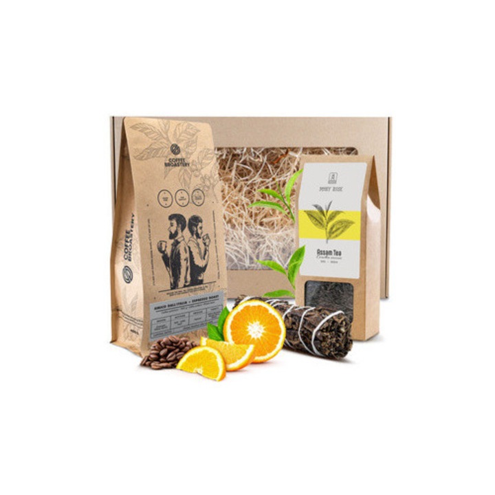 Комплект Кафе Bro Coffee Roastery, Amico dall'Italia Espresso Roast, Черен Чай Mary Rose Assam, Кадило Черна Салвия, Подаръчна Кутия 250x200x100 mm, 100% Arabica, Балансиран Вкус, Интензивен Аромат, Премиум Селекция, 475 g