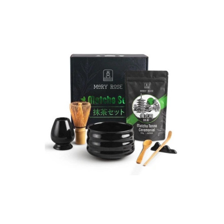 Комплект Чай Матча, Mary Rose, Tenno BIO, Церемониален, Япония, Керамична Купа Matchawan Yoru, 500 ml, Бамбукова Бъркалка Chasen, Бамбукова Лъжица Chashaku, Керамични Поставки, Подаръчна Кутия, Фин Прах, Премиум Селекция, 30 g