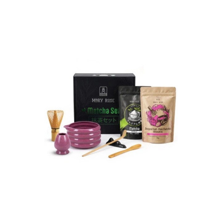 Комплект Чай Matcha, Mary Rose, Японска Зелена Matcha BIO Premium, Pink Dragon Fruit, Керамична Купа Matchawan Beri, Поставка Kusenaoshi, Бамбуков Комплект Chasen, Подаръчна Кутия 33x30x13, 5 cm, 80 g