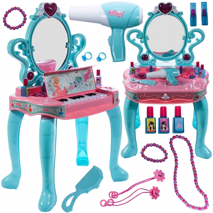 Masuta de Make-Up cu Pian, pentru fetite, calitate premium cu lumini si sunete, uscator de par, multiple accesorii 62 x 33 x 64 cm, Turcoaz