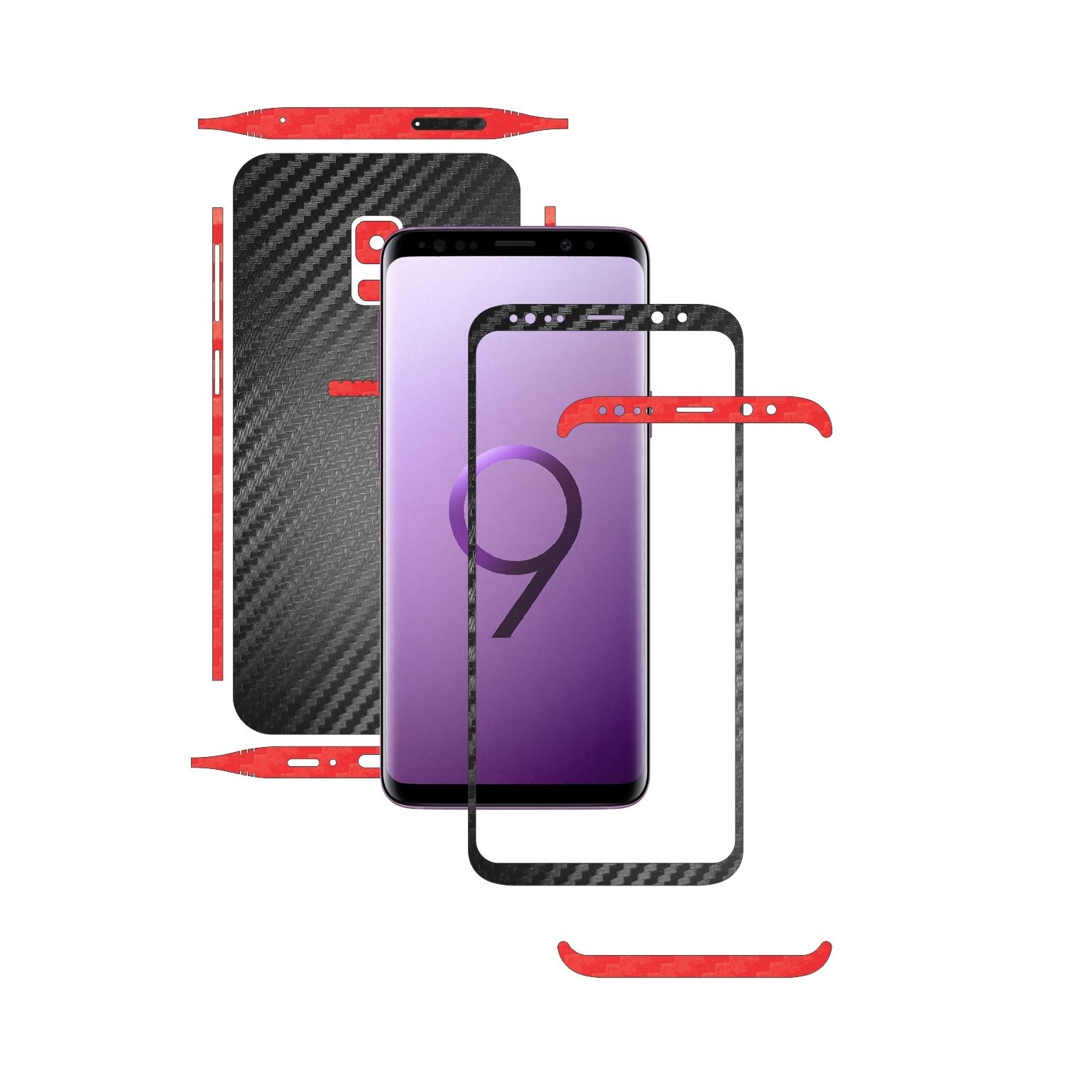 Folie de protectie Full Body Carbon Skinz, Acoperire Totala, Two Tone Negru / Rosu dedicata Samsung Galaxy S9