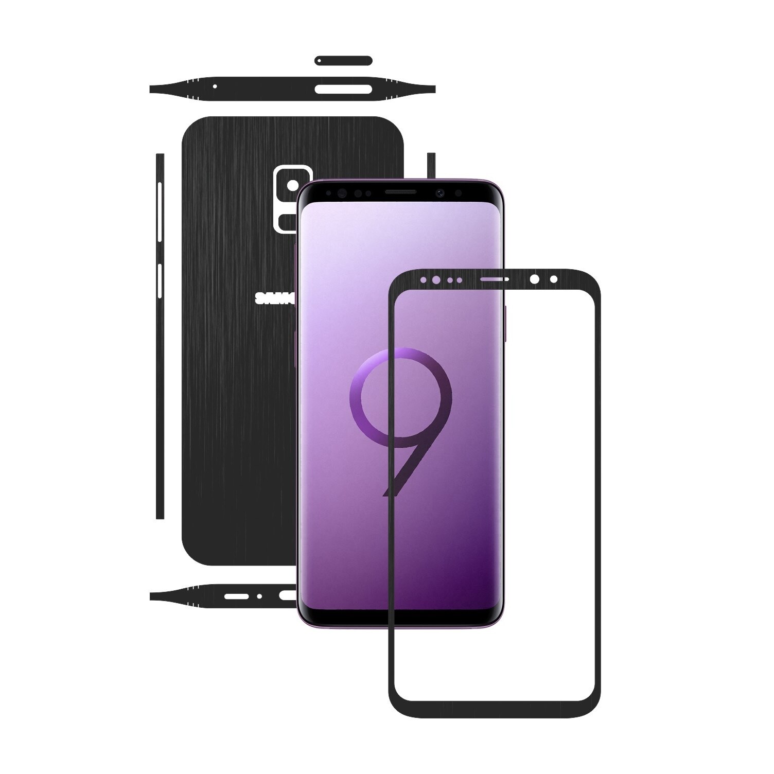 1 + 1 GRATUIT - Samsung Galaxy S9 - Brushed Negru - Folie de protectie Carbon Skinz, Husa Full Body Cover de tip Skin Adeziv pentru Rama Ecran,Carcasa Spate si Laterale