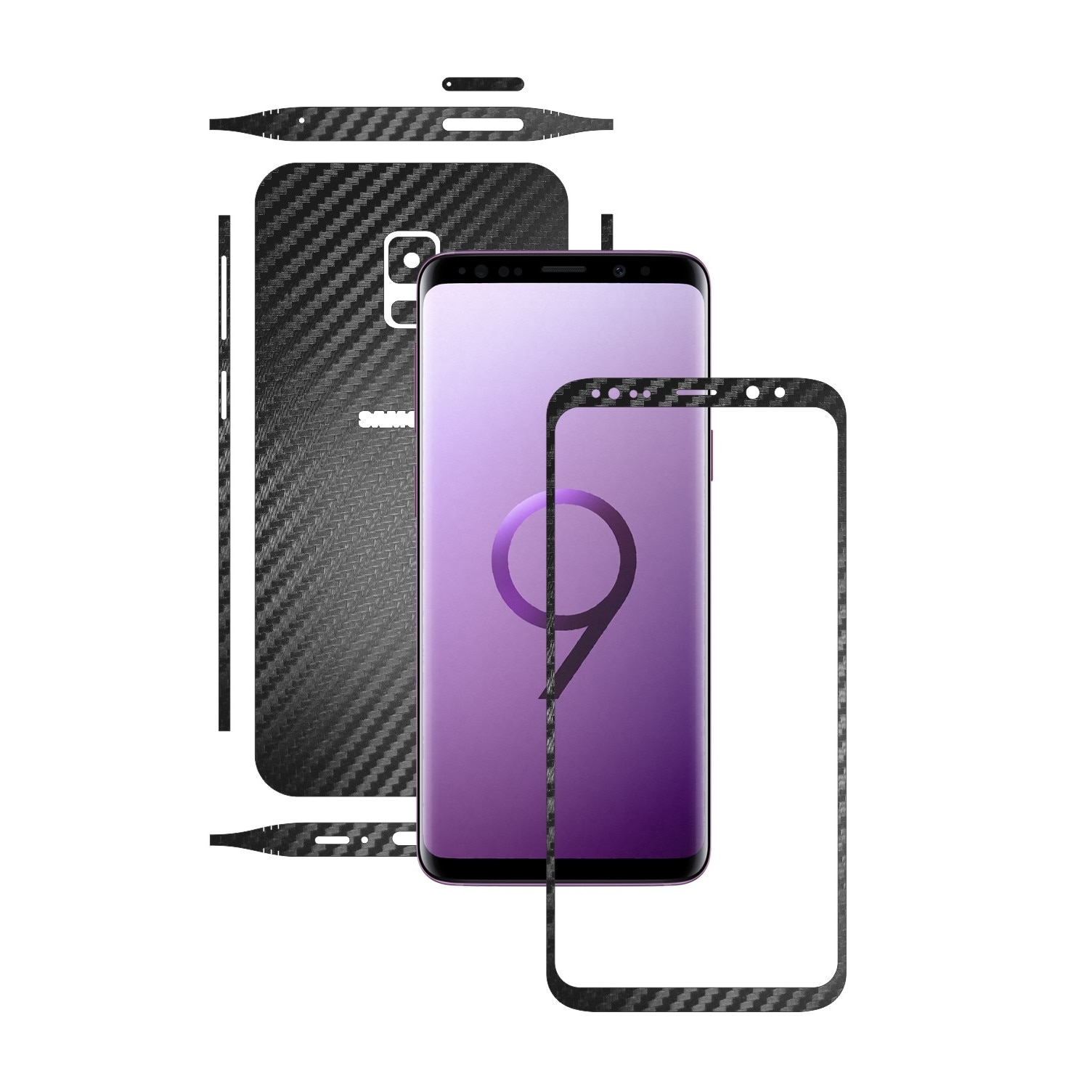 1 + 1 GRATUIT - Samsung Galaxy S9 - Carbon Negru - Folie de protectie Carbon Skinz, Husa Full Body Cover de tip Skin Adeziv pentru Rama Ecran,Carcasa Spate si Laterale