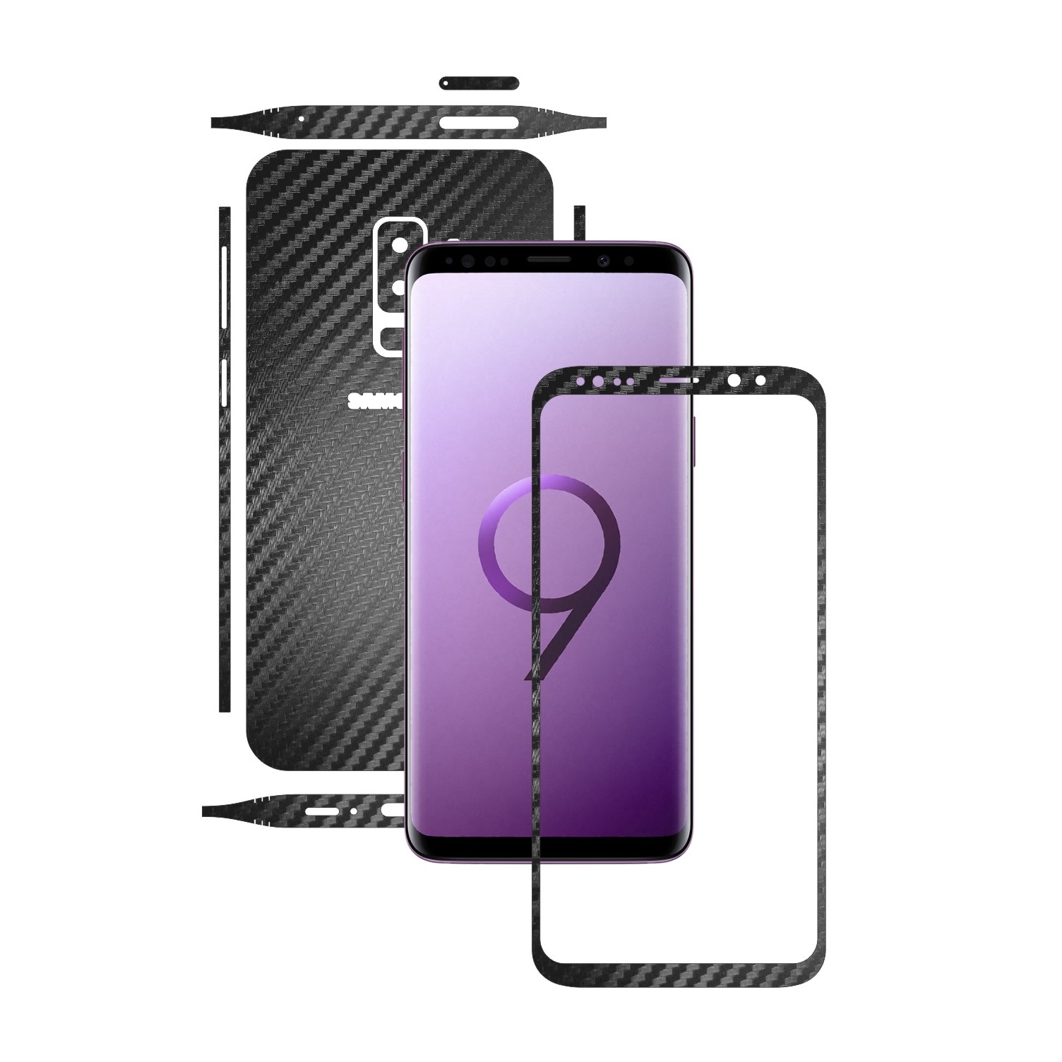 1 + 1 GRATUIT - Samsung Galaxy S9 + Plus - Carbon Negru - Folie de protectie Carbon Skinz, Husa Full Body Cover de tip Skin Adeziv pentru Rama Ecran,Carcasa Spate si Laterale