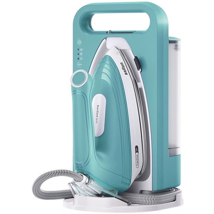 Statie de calcat Braun UpStyle 2 IS2735GR, 2200W, 6 bar, jet de abur 420g/min, abur continuu 120g/min, maner certificat ergonomic, talpa EloxalPlus, rezervor detasabil 1.5 l, tehnologie FreeGlide 3D, oprire automata, turcoaz