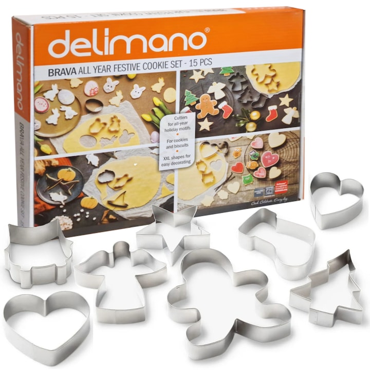 Set 15 forme biscuiti Delimano Brava, inox, modele Craciun, Paste, Halloween si inima