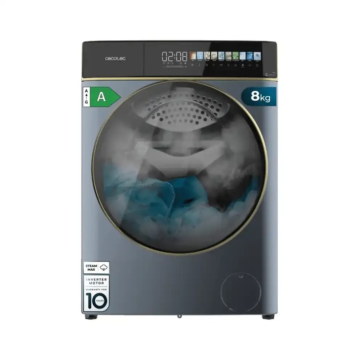 Masina de spalat rufe inteligenta cu uscator Cecotec, Bolero Wash&Dry, 8/5 kg, clasa A, consum redus, motor Inverter Plus, 11 programe prestabilite, viteza max. 1400 rpm, curatare cu abur SteamMax, programe curatare/sterilizare cuva, 1900 W, titan