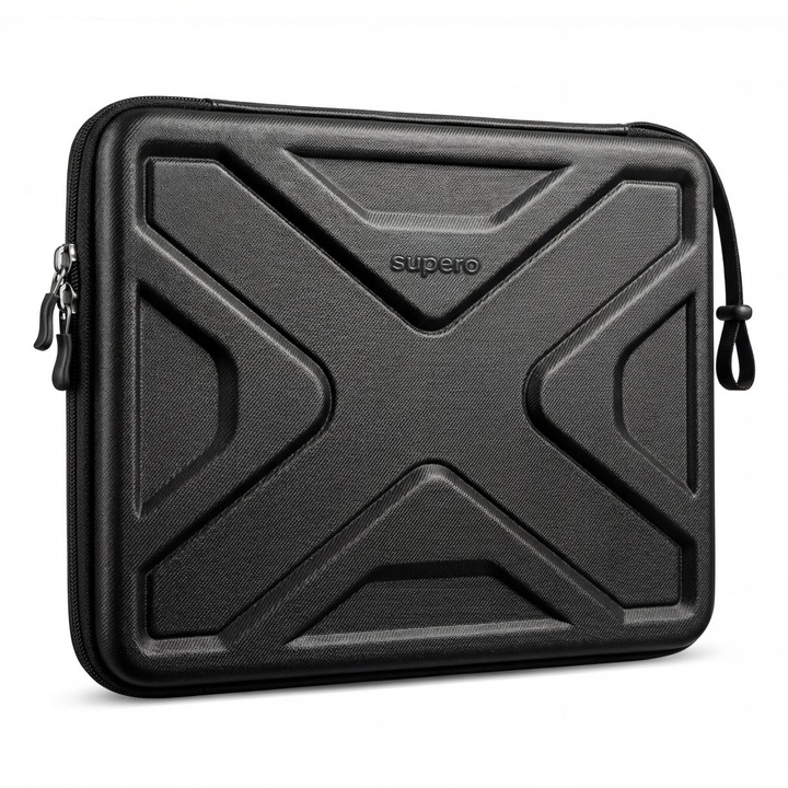 Husa pentru laptop, SUPERO, compatibil 15-16", husa rigida cu coque EVA, material Lycra si poliester, impermeabila, dimensiuni exterioare 41.5 x 30 x 4.5 cm, buzunar cu fermoar dublu, curea de transport, negru