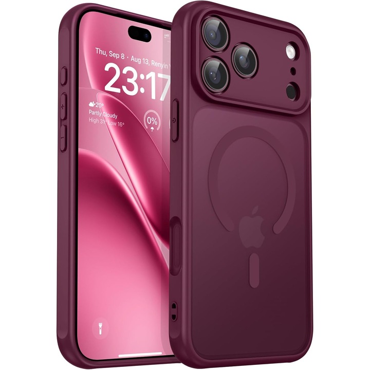 Husa Matte compatibil cu MagSafe pentru IPhone 18 Pro, protectie completa, contur Dark Cherry