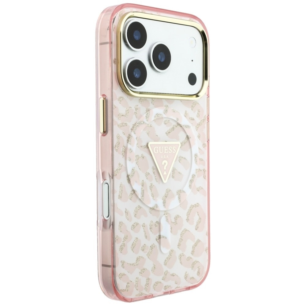Husa pentru iPhone 18 Pro Max / iPhone 17 Pro Max Guess Leopard Glitter Triangle Logo MagSafe, Incarcare wireless, Protectie ridicata, Calitate premium, Roz