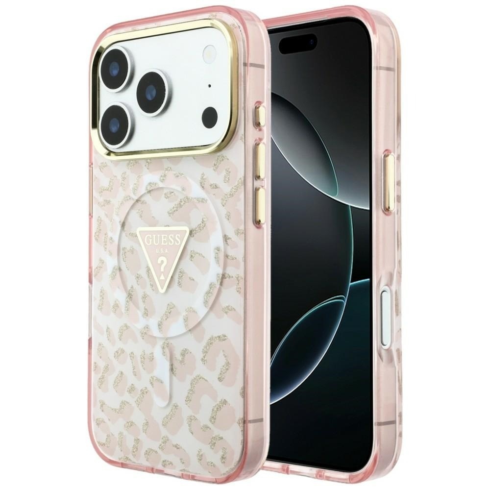 Husa pentru iPhone 18 Pro Max / iPhone 17 Pro Max Guess Leopard Glitter Triangle Logo MagSafe, Incarcare wireless, Protectie ridicata, Calitate premium, Roz