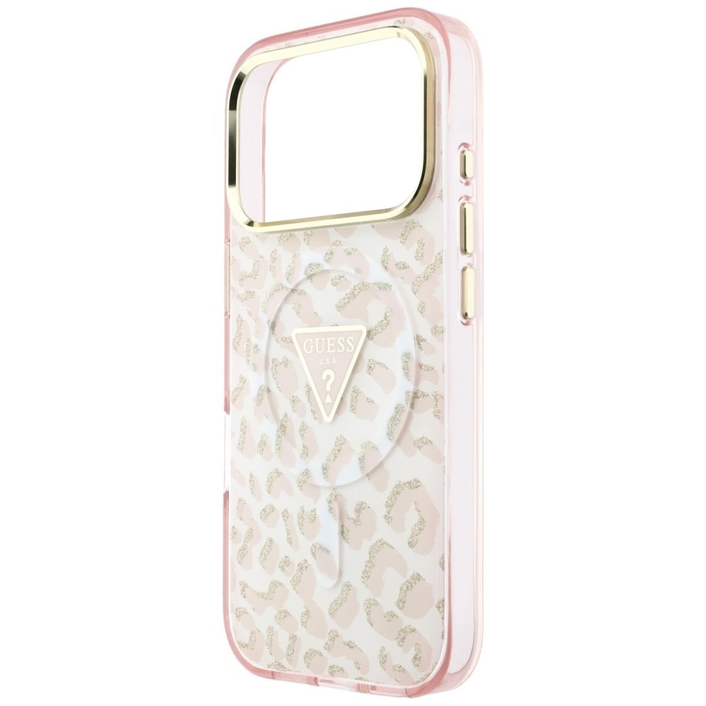 Husa pentru iPhone 18 Pro Max / iPhone 17 Pro Max Guess Leopard Glitter Triangle Logo MagSafe, Incarcare wireless, Protectie ridicata, Calitate premium, Roz