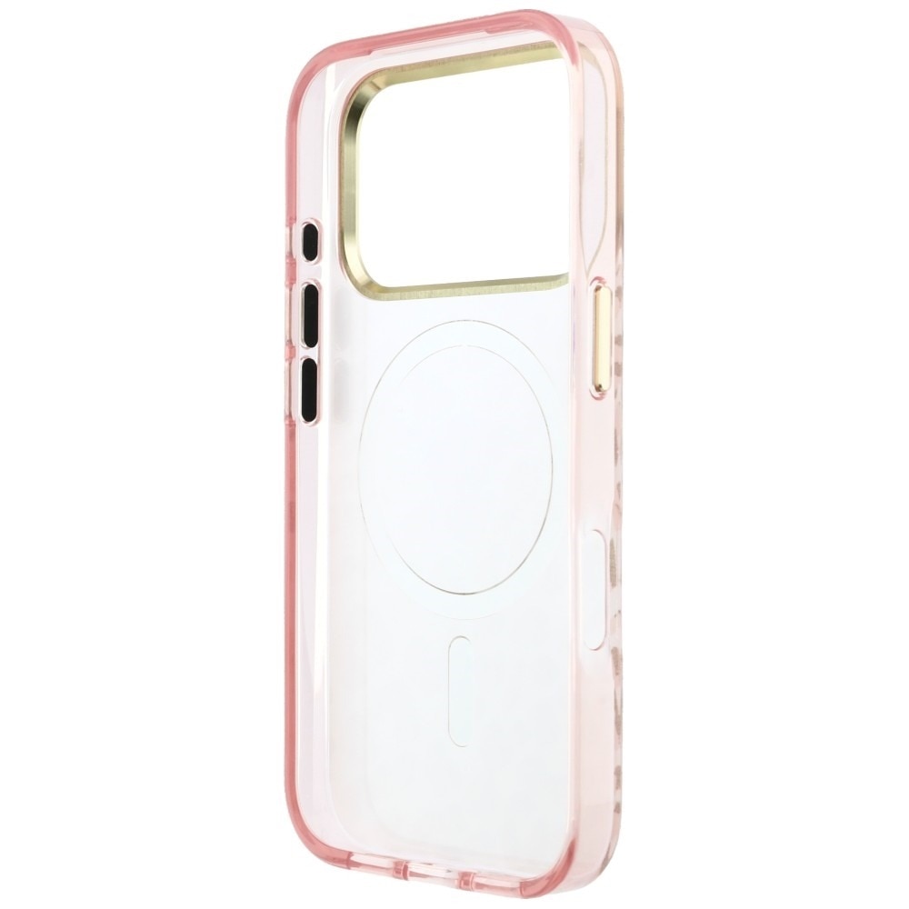 Husa pentru iPhone 18 Pro Max / iPhone 17 Pro Max Guess Leopard Glitter Triangle Logo MagSafe, Incarcare wireless, Protectie ridicata, Calitate premium, Roz
