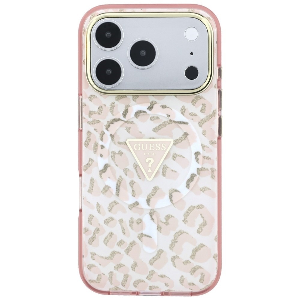 Husa pentru iPhone 18 Pro Max / iPhone 17 Pro Max Guess Leopard Glitter Triangle Logo MagSafe, Incarcare wireless, Protectie ridicata, Calitate premium, Roz