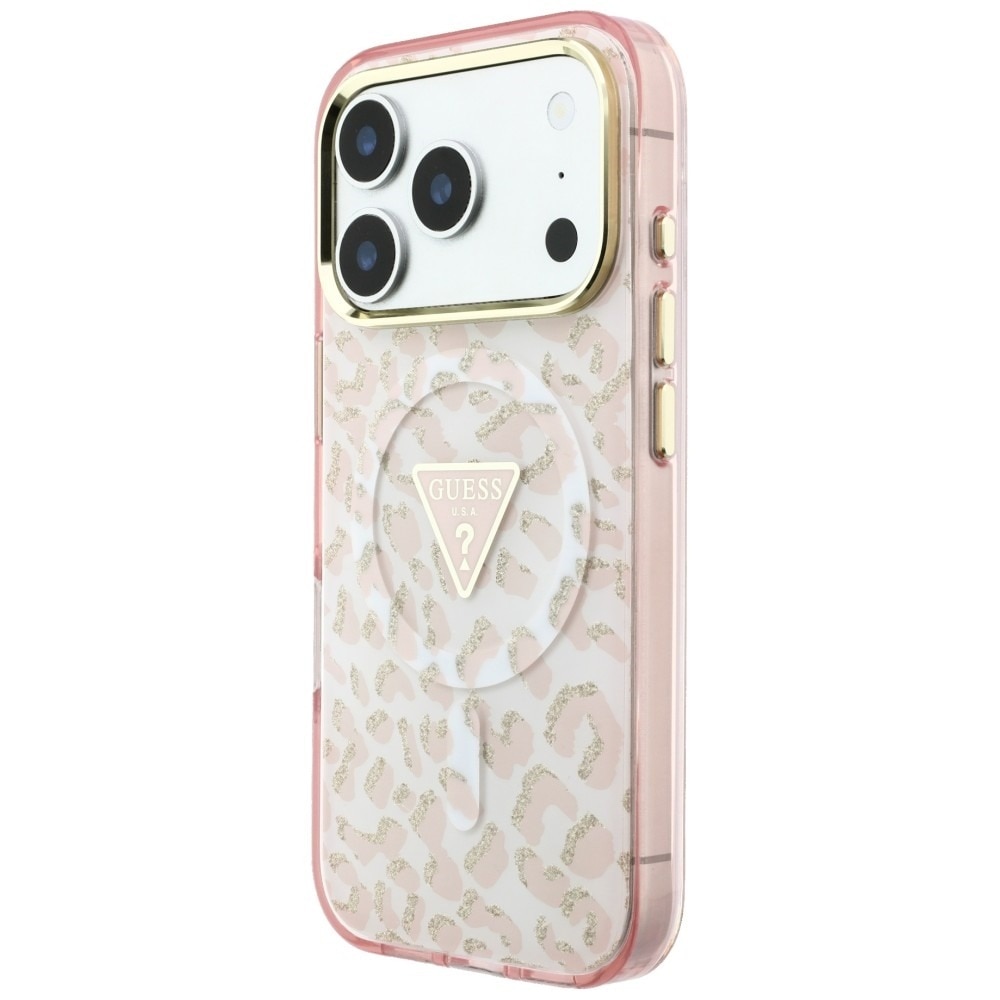 Husa pentru iPhone 18 Pro Max / iPhone 17 Pro Max Guess Leopard Glitter Triangle Logo MagSafe, Incarcare wireless, Protectie ridicata, Calitate premium, Roz