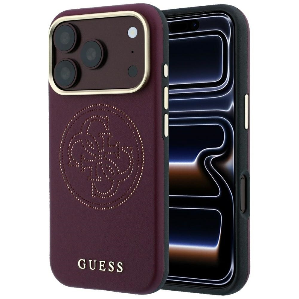 Husa pentru iPhone 18 Pro / iPhone 17 Pro Guess Leather Perforated 4G MagSafe, Incarcare wireless, Protectie ridicata, Calitate premium, Visiniu