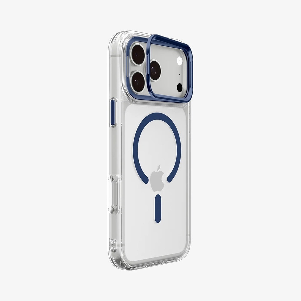 Husa pentru iPhone 18 Pro / iPhone 17 Pro, Spigen Ultra Hybrid Optik S MagSafe, Stativ integrat, Incarcare wireless, Calitate Premium, Transparent/Albastru inchis