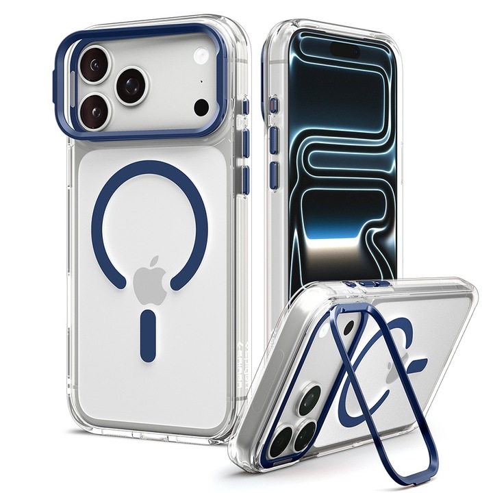 Husa pentru iPhone 18 Pro / iPhone 17 Pro, Spigen Ultra Hybrid Optik S MagSafe, Stativ integrat, Incarcare wireless, Calitate Premium, Transparent/Albastru inchis
