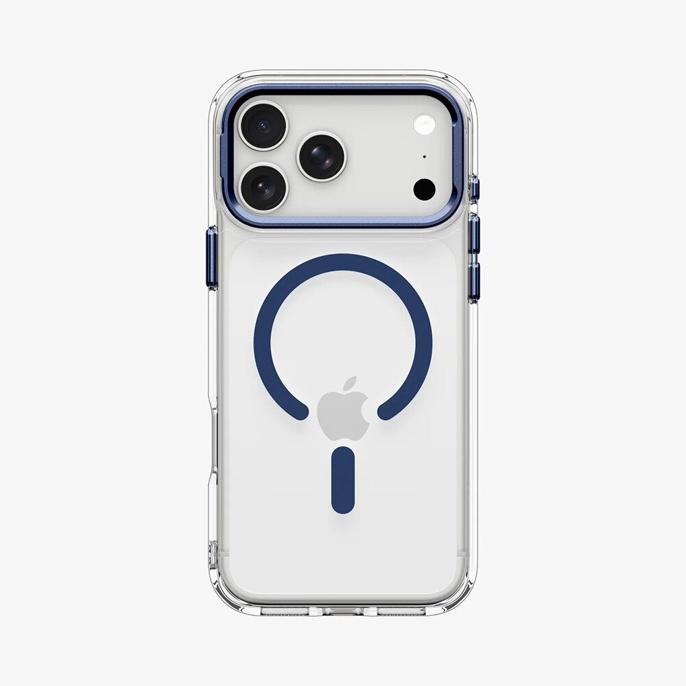 Husa pentru iPhone 18 Pro / iPhone 17 Pro, Spigen Ultra Hybrid Optik S MagSafe, Stativ integrat, Incarcare wireless, Calitate Premium, Transparent/Albastru inchis