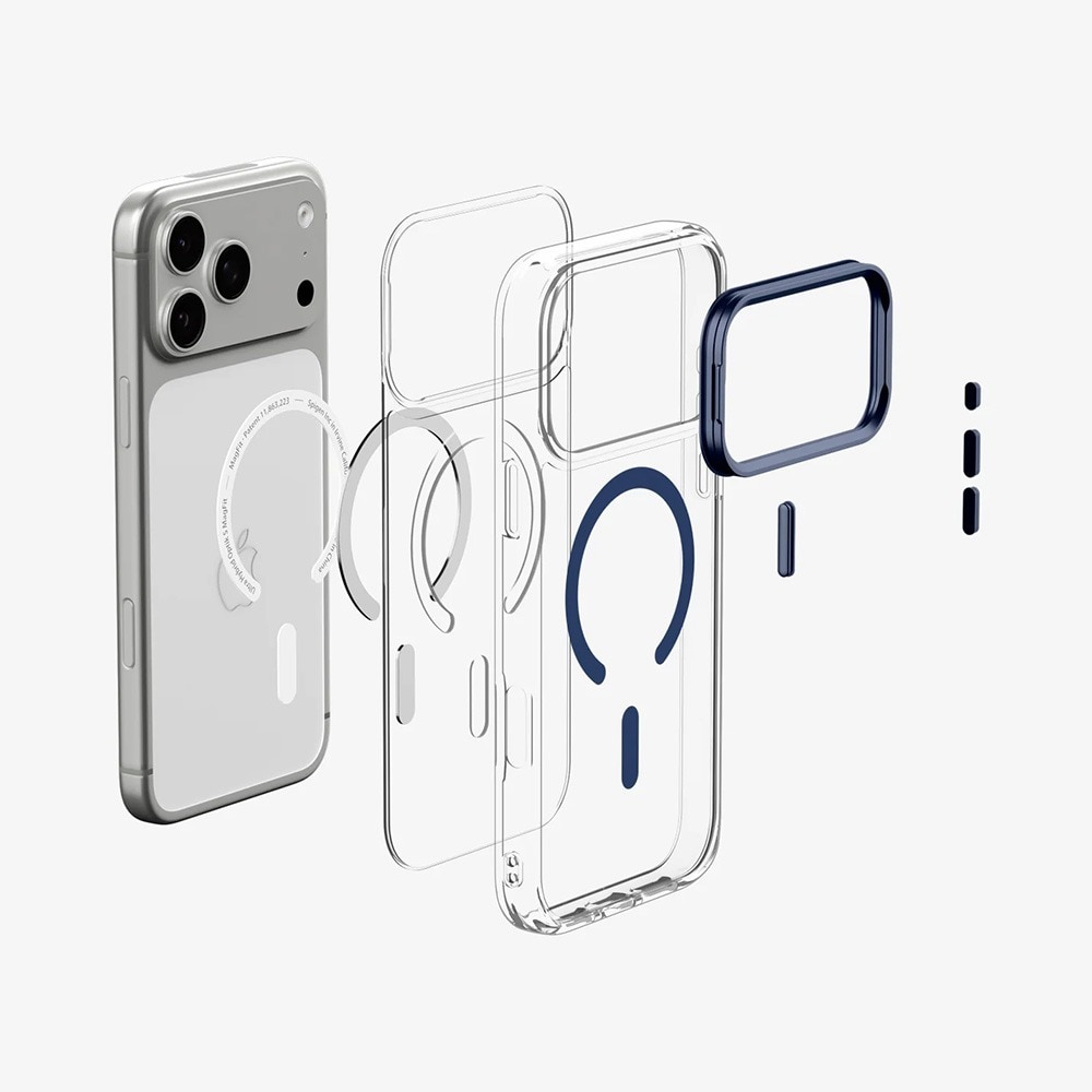 Husa pentru iPhone 18 Pro / iPhone 17 Pro, Spigen Ultra Hybrid Optik S MagSafe, Stativ integrat, Incarcare wireless, Calitate Premium, Transparent/Albastru inchis