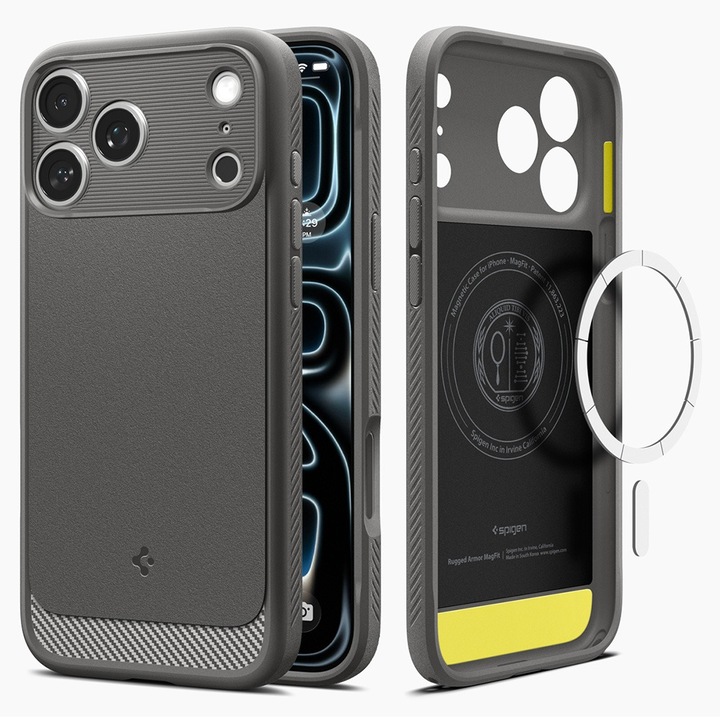 Husa pentru iPhone 18 Pro / iPhone 17 Pro, Spigen Rugged Armor MagSafe, Incarcare wireless, Calitate Premium, Gri