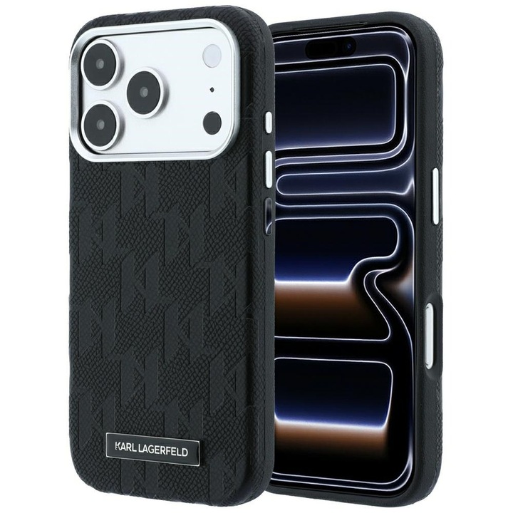 Husa pentru iPhone 18 Pro Max / iPhone 17 Pro Max Karl Lagerfeld Grained Leather Mono Resin Logo MagSafe, Incarcare wireless, Protectie ridicata, Calitate premium, Negru